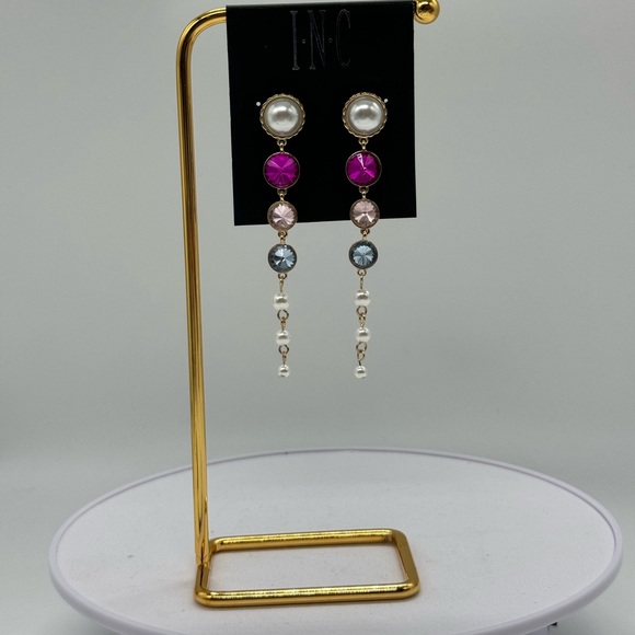 INC Drop Crystal and Faux Pearl Dangling Earrings in Gold Tone 3.5in - Picture 4 of 9